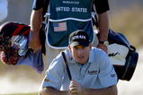 KIAWAH ISLAND, SC - NOVEMBER 13:   im Furyk of the United States lines up a putt as his caddie 'Fluff' Cowan stands behind on the 15th hole during the first round of the World Golf Championships World Cup on November 13, 2003 at the Kiawah Island Golf Resort Ocean Course on Kiawah Island, South Carolina. (Photo by Jamie Squire/Getty Images). 