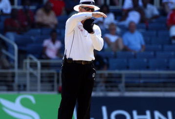 KINGSTON, JAMAICA - FEBRUARY 06:  Umpire Tony Hill signals for a referal a  referral during day three of the 1st Test between The West Indies and England played at Sabina Park on February 6, 2009 in Kingston, Jamaica  (Photo by Julian Herbert/Getty Images)