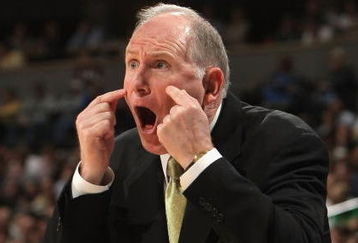 DENVER - MARCH 20:  Head coach Jim Larranaga of the George Mason Patriots reacts during the first round game of the East Regional against the Notre Dame Fighting Irish as part of the 2008 NCAA Men's Basketball Tournament at Pepsi Center on March 20, 2008 in Denver, Colorado.  (Photo by Doug Pensinger/Getty Images)