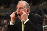 DENVER - MARCH 20:  Head coach Jim Larranaga of the George Mason Patriots reacts during the first round game of the East Regional against the Notre Dame Fighting Irish as part of the 2008 NCAA Men's Basketball Tournament at Pepsi Center on March 20, 2008 in Denver, Colorado.  (Photo by Doug Pensinger/Getty Images)