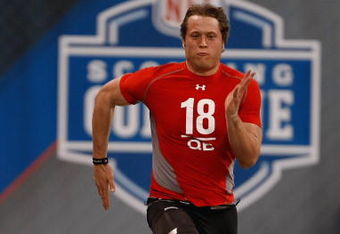 INDIANAPOLIS, IN - FEBRUARY 22:  Quarterback Matthew Stafford of Georgia runs the 40 yard dash during the NFL Scouting Combine presented by Under Armour at Lucas Oil Stadium on February 22, 2009 in Indianapolis, Indiana. (Photo by Scott Boehm/Getty Images)