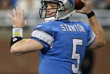 DETROIT - NOVEMBER 23:  Quarterback Drew Stanton #5 of the Detroit Lions drops back to pass against the Tampa Bay Buccaneers during the NFL game at Ford Field on November 23, 2008 in Detroit, Michigan.  The Buccaneers defeated the Lions 38-20.  (Photo by Christian Petersen/Getty Images)