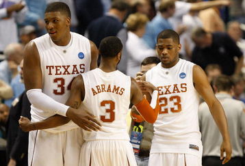 GREENSBORO, NC - MARCH 19:  Dexter Pittman #34, A.J. Abrams #3 and Harrison Smith #23 of the Texas Longhorns celebrate their 76-62 win over the Minnesota Golden Gophers in the final minutes of their first round of the NCAA Division I Men's Basketball Tournament at the Greensboro Coliseum on March 19, 2009 in Greensboro, North Carolina.  (Photo by Streeter Lecka/Getty Images)