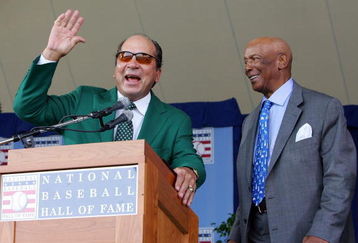 COOPERSTOWN, NY - JULY 27:  Hall of Famers Johnny Bench (L) and Ernie Banks have a laugh at Clark Sports Center during the Baseball Hall of Fame induction ceremony on July 27, 2008 in Cooperstown, New York.  (Photo by Jim McIsaac/Getty Images)