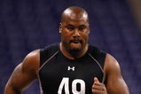 INDIANAPOLIS, IN - FEBRUARY 21:  Offensive lineman Jason Smith of Baylor runs the 40 yard dash during the NFL Scouting Combine presented by Under Armour at Lucas Oil Stadium on February 21, 2009 in Indianapolis, Indiana. (Photo by Scott Boehm/Getty Images)
