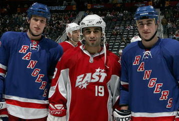 ATLANTA - JANUARY 26:  Eastern Conference Youngstar Marc Staal #18, All-Star Scott Gomez #19 of the New York Rangers, and Youngstar Brandon Dubinsky #17 of the New York Rangers pose together on the ice as part of the 2008 NHL All-Star weekend at Philips Arena on January 26, 2008 in Atlanta, Georgia.  (Photo by Bruce Bennett/Getty Images for the NHL)