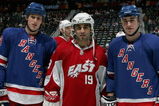 ATLANTA - JANUARY 26:  Eastern Conference Youngstar Marc Staal #18, All-Star Scott Gomez #19 of the New York Rangers, and Youngstar Brandon Dubinsky #17 of the New York Rangers pose together on the ice as part of the 2008 NHL All-Star weekend at Philips Arena on January 26, 2008 in Atlanta, Georgia.  (Photo by Bruce Bennett/Getty Images for the NHL)