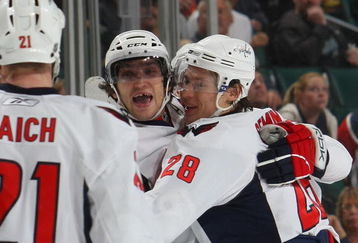 SUNRISE, FL - FEBRUARY 15: Alex Ovechkin #8 (L) and Alexander Semin #28 (R) of the Washington Capitals celebrate a goal against the Florida Panthers on February 15, 2009 at the BankAtlantic Center in Sunrise, Florida. (Photo by Bruce Bennett/Getty Images)