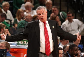 INDIANAPOLIS - MARCH 13:  Head coach Bo Ryan of the Wisconsin Badgers reacts after the Wisconsin bench was called for a technical foul against the Ohio State Buckeyes during the second round of the Big Ten Men's Basketball Tournament at Conseco Fieldhouse on March 13, 2009 in Indianapolis, Indiana.  (Photo by Jonathan Daniel/Getty Images)