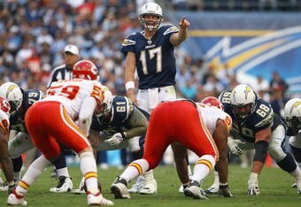 SAN DIEGO - NOVEMBER 9:  Quarterback Philip Rivers #17 of the San Diego Chargers calls the play at the line of scrimmage during the game against the Kansas City Chiefs at Qualcomm Stadium on November 9, 2008 in San Diego, California. (Photo by: Jeff Gross/Getty Images)