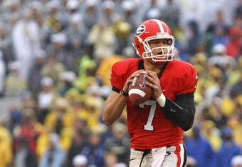ATHENS, GA - NOVEMBER 29:  Quarterback Matthew Stafford #7 of the Georgia Bulldogs drops back to pass during the game against the Georgia Tech Yellow Jackets during the game at Sanford Stadium on November 29, 2008 in Athens, Georgia.  The Yellow Jackets beat the Bulldogs 45-42.  (Photo by Mike Zarrilli/Getty Images)