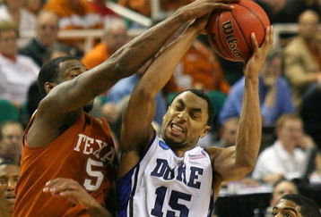 GREENSBORO, NC - MARCH 21:  Gerald Henderson #15 of the Duke Blue Devils battles for a rebound against Damion James #5 and Varez Ward #50 of the Texas Longhorns during the second round of the NCAA Division I Men's Basketball Tournament at the Greensboro Coliseum on March 21, 2009 in Greensboro, North Carolina.  (Photo by Streeter Lecka/Getty Images)