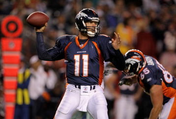 DENVER - AUGUST 16:  Quarterback Patrick Ramsey #11 of the Denver Broncos delivers a pass against the Dallas Cowboys during preseason NFL action at Invesco Field at Mile High on August 16, 2008 in Denver, Colorado. The Broncos defeated the Cowboys 23-13.  (Photo by Doug Pensinger/Getty Images)