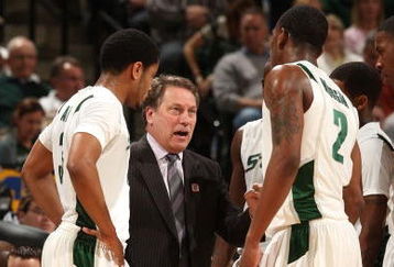 INDIANAPOLIS - MARCH 14:  Head coach Tom Izzo of the Michigan State Spartans talks with Chris Allen #3 (L) and Raymar Morgan #2 during a timeout against the Ohio State Buckeyes during their semifinal game of the Big Ten Men's Basketball Tournament at Conseco Fieldhouse on March 14, 2009 in Indianapolis, Indiana.  (Photo by Jonathan Daniel/Getty Images)