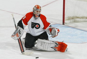 NEWARK, NJ - MARCH 01:  Martin Biron #43 of the Philadelphia Flyers skates against the New Jersey Devils  at the Prudential Center on March 1, 2009 in Newark, New Jersey.  The Devils defeated the Flyers 3-0.  (Photo by Mike Stobe/Getty Images)