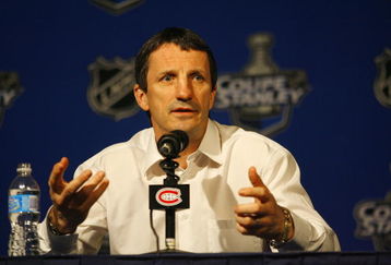 MONTREAL, CANADA- MAY 3:  Guy Carbonneau of the Montreal Canadiens explains his views on the series after being defeated by the Philadelphia Flyers in Game Five of the Eastern Conference Semifinals of the 2008 NHL Stanley Cup Playoffs on May 3, 2008 at the Bell Centre in Montreal, Canada.  The Philadelphia Flyers defeated the Montreal Canadiens 6-4 winning the series four games to one. (Photo by Phillip MacCallum/Getty Images)