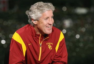 PASADENA, CA - JANUARY 1:  Head coach Pete Carroll of the USC Trojans smiles on the ESPN College Game Day set after the game against the Penn State Nittany Lions on January 1, 2009 at the Rose Bowl in Pasadena, California.  USC won 38-24.  (Photo by Jeff Golden/Getty Images)