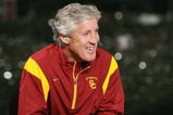 PASADENA, CA - JANUARY 1:  Head coach Pete Carroll of the USC Trojans smiles on the ESPN College Game Day set after the game against the Penn State Nittany Lions on January 1, 2009 at the Rose Bowl in Pasadena, California.  USC won 38-24.  (Photo by Jeff Golden/Getty Images)