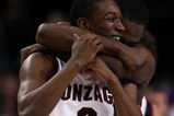 PORTLAND, OR - MARCH 21:  Demetri Goodson #3 of the Gonzaga Bulldogs is hugged by teammate Jeremy Pargo #2 after Goodson made the game-winning basket to defeat the Western Kentucky Hilltoppers during the second round of the NCAA Division I Men's Basketball Tournament at the Rose Garden on March 21, 2009 in Portland, Oregon. The Bulldgos defeated the Hilltoppers 83-81 to advance to the Sweet 16.  (Photo by Jonathan Ferrey/Getty Images)