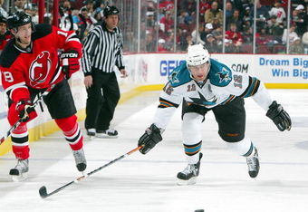 NEWARK, NJ - FEBRUARY 15:  Patrick Marleau #12 of the San Jose Sharks skates against the New Jersey Devils at the Prudential Center on February 15, 2009 in Newark, New Jersey. The Devils defeated the Sharks 6-5.  (Photo by Jim McIsaac/Getty Images)