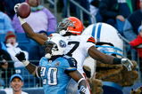 NASHVILLE, TN - DECEMBER 07:  Receiver Braylon Edwards #17 of the Cleveland Browns nearly pulls in this touchdown reception against Nick Harper #20 of the Tennessee Titans during the game on December 7, 2008 at LP Field in Nashville, Tennessee.  (Photo by Kevin C. Cox/Getty Images)
