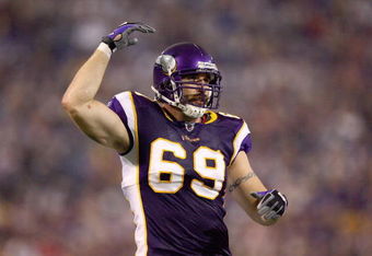MINNEAPOLIS - SEPTEMBER 12:  Jared Allen #69 of the Minnesota Vikings celebrates on the field during the game against the Indianapolis Colts at the Metrodome on September 14, 2008 in Minneapolis, Minnesota. (Photo by: Jeff Gross/Getty Images)