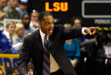 GREENSBORO, NC - MARCH 21:  Head coach Trent Johnson of the Louisiana State University Tigers questions a call during the second round of the NCAA Division I Men's Basketball Tournament against the North Carolina Tar Heels at the Greensboro Coliseum on March 21, 2009 in Greensboro, North Carolina.  (Photo by Streeter Lecka/Getty Images)