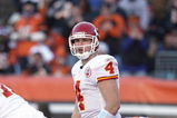 CINCINNATI - DECEMBER 28:  Quarterback Tyler Thigpen #4 of the Kansas City Chiefs calls the play at the line of scrimmage during the NFL game against the Cincinnati Bengals on December 28, 2008 at Paul Brown Stadium in Cincinnati, Ohio.  (Photo by Andy Lyons/Getty Images)