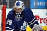 TORONTO - MARCH 14:  Martin Gerber #29 of the Toronto Maple Leafs defends the net against the Calgary Flames during the game at Air Canada Centre on March 14, 2009 in Toronto, Ontario, Canada. (Photo by Dave Sandford/Getty Images)