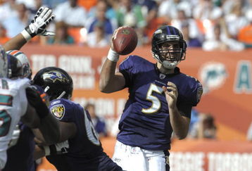 MIAMI, FL - JANUARY 4:  Quarterback Joe Flacco #5 of the Baltimore Ravens sets to pass against the Miami Dolphins in an NFL Wildcard Playoff Game at Dolphins Stadium on January 4, 2009 in Miami, Floirda.  (Photo by Al Messerschmidt/Getty Images) 