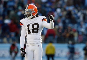 NASHVILLE, TN - DECEMBER 7:   Donte Stallworth #18 of the Cleveland Browns points on the field during the game against the Tennessee Titans on December 7, 2008 at LP Field in Nashville, Tennessee.  (Photo by Kevin C. Cox/Getty Images)