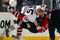 NEWARK, NJ - MARCH 17:  Ben Eager #55 of the Chicago Blackhawks takes down Mike Rupp #17 of the New Jersey Devils during their fight at the Prudential Center on March 17, 2009 in Newark, New Jersey.  (Photo by Jim McIsaac/Getty Images)