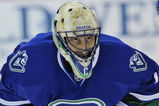 VANCOUVER, CANADA - MARCH 7: Roberto Luongo #1 of the Vancouver Canucks looks on during pregame warmups before the game against the San Jose Sharks on March 7, 2009 at General Motors Place in Vancouver, Canada.   (Photo by Nick Didlick/Getty Images)
