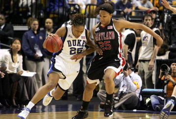 BOSTON - APRIL 04:  Monique Currie #25 of the Duke Blue Devils tries to drive around Marissa Coleman #25 of the Maryland Terrapins during the 2006 NCAA Women's Basketball Championship Game on April 4, 2006 at the TD Banknorth Garden in Boston, Massachusetts.  (Photo by Jim McIsaac/Getty Images)