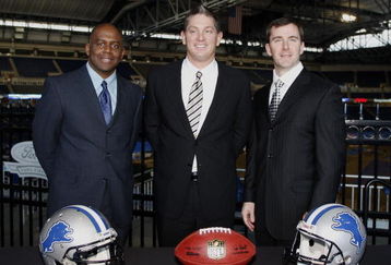 DETROIT , MI - JANUARY 16:  Jim Schwartz, center, head coach of the Detroit Lions poses with General Manager Martin Mayhew, left, and Tom Lewand team president after a press conference to introduce him as the Lions new head coach on January 16, 2009 at Ford Field in Detroit, Michigan.  (Photo by Gregory Shamus/Getty Images)