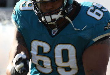 JACKSONVILLE, FL - OCTOBER 26: Khalif Barnes #69 of the Jacksonville Jaguars in a game at Jacksonville Muncipal Stadium on October 26, 2008 in Jacksonville, Florida.  (Photo by Sam Greenwood/Getty Images)