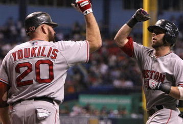 ST PETERSBURG, FL - OCTOBER 19:  Dustin Pedroia #15 of the Boston Red Sox is congratulated by teammate Kevin Youkilis #20 after hitting a solo home run against the Tampa Bay Rays in the first inning of game seven of the American League Championship Series during the 2008 MLB playoffs on October 19, 2008 at Tropicana Field in St Petersburg, Florida.  (Photo by Doug Benc/Getty Images)
