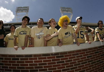 ATLANTA - APRIL 19: Georgia Tech Yellow Jackets fans cheer for the team during the Georgia Tech T-Day Spring football game on April 19, 2008 at Historic Grant Field at Bobby Dodd Stadium in Atlanta, Georgia.  (Photo by Mike Zarrilli/Getty Images)