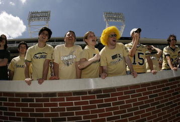 ATLANTA - APRIL 19: Georgia Tech Yellow Jackets fans cheer for the team during the Georgia Tech T-Day Spring football game on April 19, 2008 at Historic Grant Field at Bobby Dodd Stadium in Atlanta, Georgia.  (Photo by Mike Zarrilli/Getty Images)