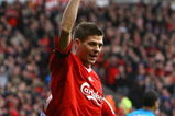 LIVERPOOL, UNITED KINGDOM - MARCH 22:  Steven Gerrard of Liverpool celebrates after scoring his team's third goal during the Barclays Premier League match between Liverpool and Aston Villa at Anfield on March 22, 2009 in Liverpool, England.  (Photo by Alex Livesey/Getty Images)