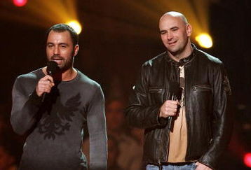 LOS ANGELES, CA - DECEMBER 08:  TV Personality Joe Rogan and UFC president Dana White speak onstage during the 4th Annual Spike TV 2006 Video Game Awards held at The Galen Center on December 8, 2006 in Los Angeles, California.  (Photo by Vince Bucci/Getty Images for Spike TV)