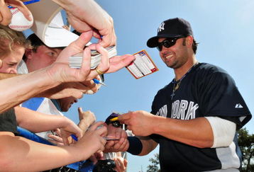 DUNEDIN, FL - FEBRUARY 25 :  Outfielder Nick Swisher #33 of the New York Yankees signs autographs before play against the Toronto Blue Jays February 25, 2009 at Dunedin Stadium in Dunedin, Florida.  (Photo by Al Messerschmidt/Getty Images)