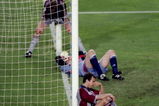 26 May 1999:  Bayern Munich players devastated after defeat in the UEFA Champions League Final against Manchester United at the Nou Camp in Barcelona, Spain. United scored twice in injury time to win 2-1. \ Mandatory Credit: Gary M Prior/Allsport