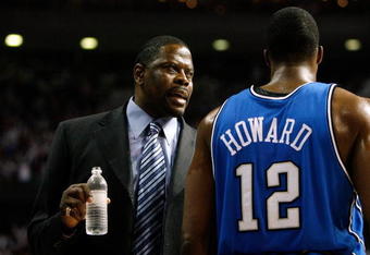 AUBURN HILLS, MI - MAY 13:  Assistant coach Patrick Ewing of the Orlando Magic talks with Dwight Howard #12 against the Detroit Pistons in Game Five of the Eastern Conference Semifinals during the 2008 NBA Playoffs at the Palace of Auburn Hills in Auburn Hills, Michigan.  NOTE TO USER: User expressly acknowledges and agrees that, by downloading and or using this photograph, User is consenting to the terms and conditions of the Getty Images License Agreement.  (Photo by Gregory Shamus/Getty Images)