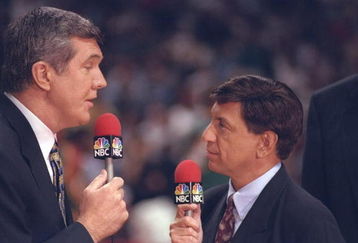 16 Jun 1996:  Commentators Marv Albert and Matt Goukas for NBC Sports speak to each other during a playoff game between the Seattle Supersonics and the Chicago Bulls at the United Center in Chicago, Illinois.  The Bulls won the game 87-75. Mandatory Credi