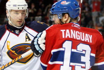 MONTREAL- DECEMBER 2:  Ilya Kovalchuk #17 of the Atlanta Thrashers pushes Alex Tanguay #13 of the Montreal Canadiens during the game at the Bell Centre on December 02, 2008 in Montreal, Quebec, Canada.  The Canadiens defeated the Thrashers 5-4.  (Photo by Richard Wolowicz/Getty Images)