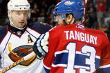 MONTREAL- DECEMBER 2:  Ilya Kovalchuk #17 of the Atlanta Thrashers pushes Alex Tanguay #13 of the Montreal Canadiens during the game at the Bell Centre on December 02, 2008 in Montreal, Quebec, Canada.  The Canadiens defeated the Thrashers 5-4.  (Photo by Richard Wolowicz/Getty Images)