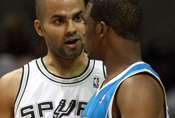 SAN ANTONIO - JANUARY 31:  Guard Tony Parker #9 of the San Antonio Spurs talks with Chris Paul #3 of the New Orleans Hornets on January 31, 2009 at AT&T Center in San Antonio, Texas.  NOTE TO USER: User expressly acknowledges and agrees that, by downloading and/or using this Photograph, user is consenting to the terms and conditions of the Getty Images License Agreement.  (Photo by Ronald Martinez/Getty Images)