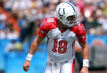 HONOLULU, HI - FEBRUARY 08: Quarterback Peyton Manning #18 of the AFC All-Stars Indianapolis Colts gets set as a wide receiver in a wildcat play formation against the NFC All-Stars in the 2009 NFL Pro Bowl at Aloha Stadium on February 8, 2009 in Honolulu, Hawaii. The NFC defeated the AFC 30-21. (Photo by Paul Spinelli/Getty Images)