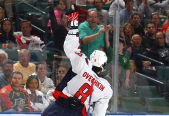 SUNRISE, FL - FEBRUARY 15: Alex Ovechkin #8 of the Washington Capitals scores a first period goal against the Florida Panthers on February 15, 2009 at the BankAtlantic Center in Sunrise, Florida. (Photo by Bruce Bennett/Getty Images)